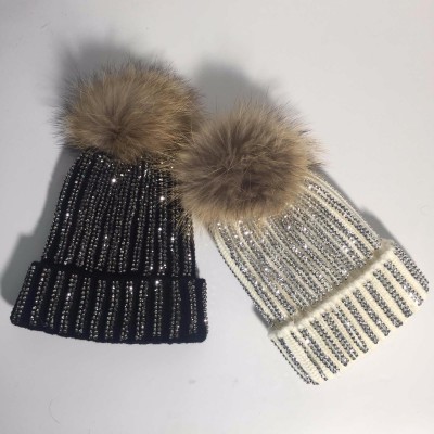 Unisex Rhinestone Bling Genuine Fur Pom Knit Beanie Ski Acrylic Crochet Hat A391  eb-56775495